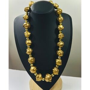 Chunky Gold Tone Statement Necklace Large Textured Beads Clasp Holiday Party